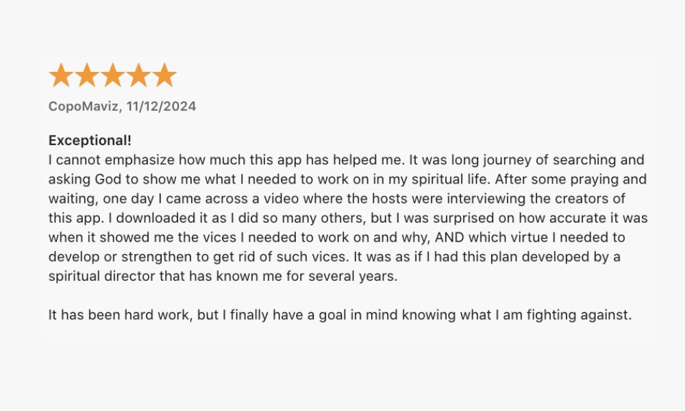 5-star App Store review from a Holy Habits user