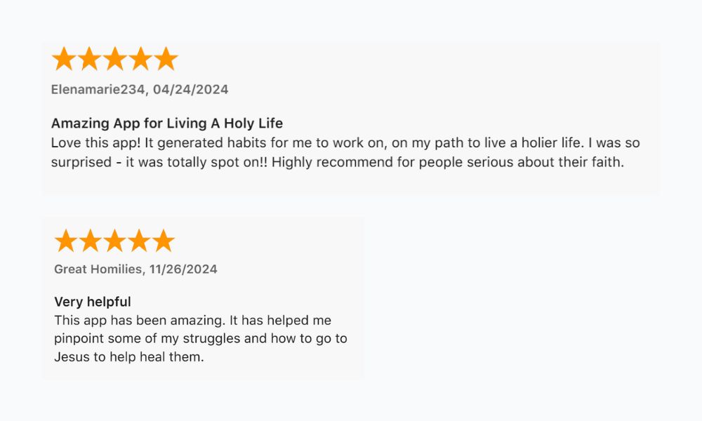 5-star App Store review from a Holy Habits user
